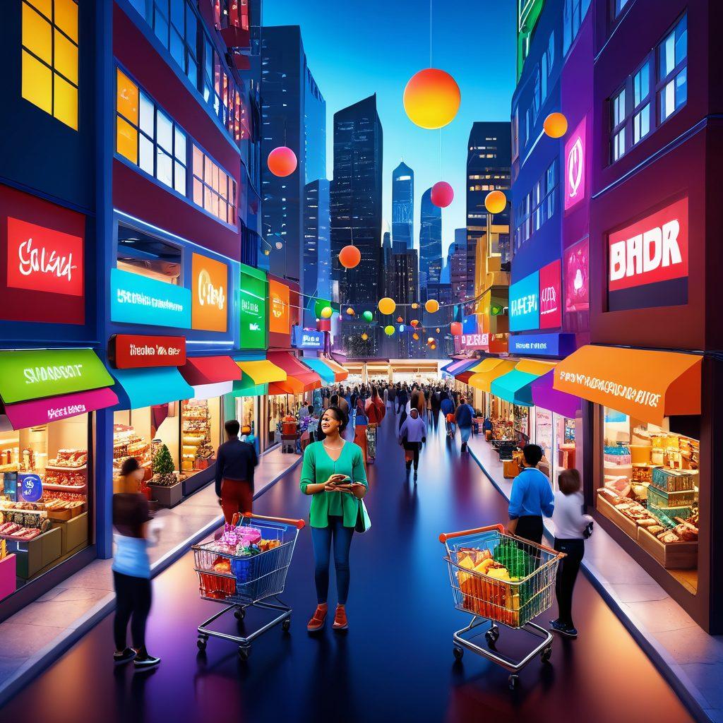A captivating digital marketplace scene with diverse consumers joyfully interacting with colorful products. Include elements like glowing reviews, digital icons representing satisfaction, and playful shopping carts weaving through a vibrant, futuristic cityscape. Emphasize facial expressions of delight, showcasing a blend of technology and enthusiasm. super-realistic. vibrant colors. 3D.