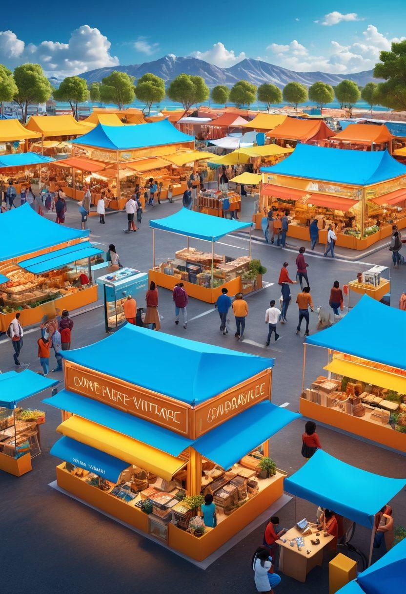 A vibrant digital marketplace bustling with diverse shoppers of various backgrounds, engaging joyfully in trading and e-commerce activities. Showcase colorful stalls filled with unique products, with a bright blue sky overhead and a sense of community radiating warmth and excitement. Incorporate elements of technology like laptops and mobile devices being used for transactions. Add playful graphics representing profits and success, conveying a thriving environment. super-realistic. vibrant colors. 3D.