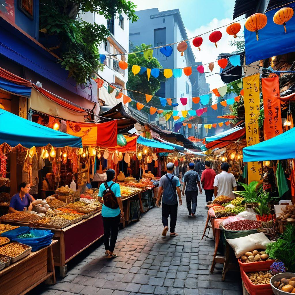 A vibrant and colorful marketplace bustling with traders, showcasing diverse stalls filled with exotic goods, coins, and happy customers exchanging items. In the background, a joyful trader embracing the spirit of adventure, with animated elements like flying banners and cheerful wildlife. The scene is infused with a sense of community and excitement, hinting at growth and transformation. super-realistic. vibrant colors. 3D.